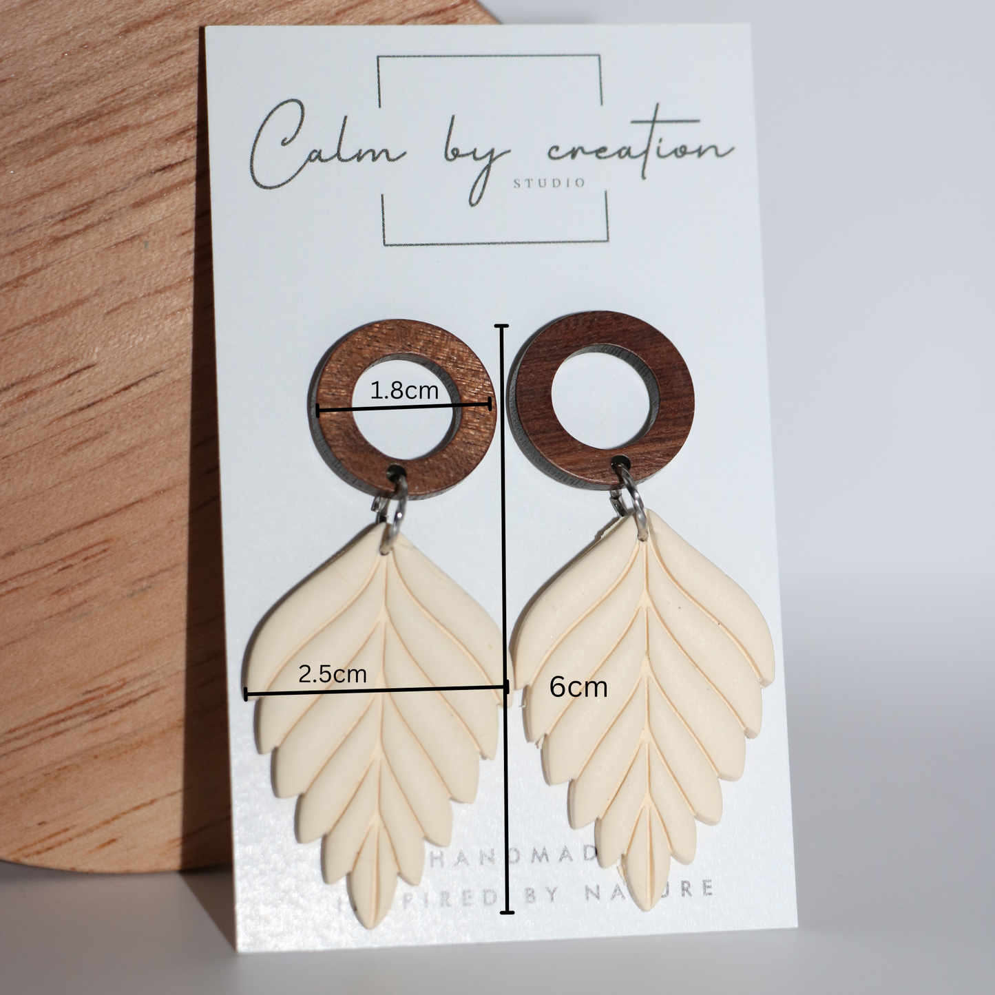 Large Wood Hollow Round Stud with Leaf Design Statement Dangle Earrings (cream and Walnut)