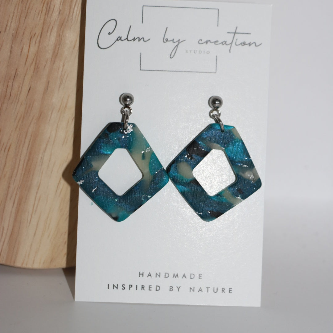 DEEP TIDE teal open square diamond drop polymer clay earrings with silver posts, handmade Australia