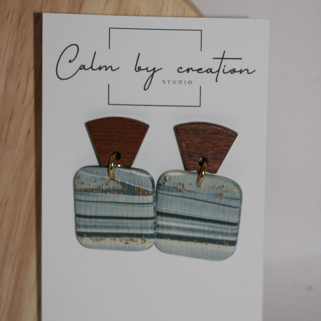 Seaglass seafoam green soft square drops with wood stud polymer clay earrings by Calm by Creation Studio