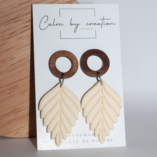 Large Wood Hollow Round Stud with Leaf Design Statement Dangle Earrings (cream and Walnut)