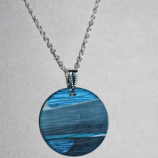 NECKLACES | Silver Chain with Blue Shimmer marbled bead with GRASSLANDS print
