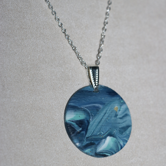 NECKLACES | Silver Chain with Marbled Blue, Aqua and Cream bead with GRASSLANDS print