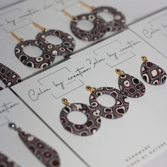 MAGICAL MOSAIC | Deep red, cream and black tones earrings
