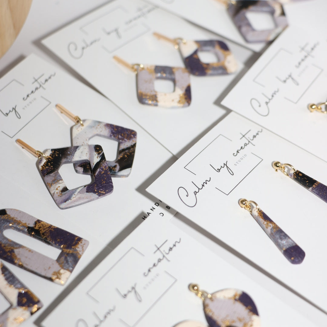 AMETHYST collection of handmade polymer clay earrings with gold leaf by Calm by Creation Studio