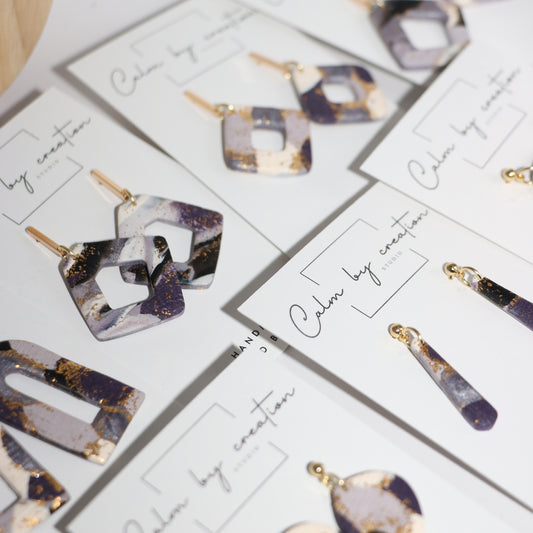 AMETHYST collection of handmade polymer clay earrings with gold leaf by Calm by Creation Studio