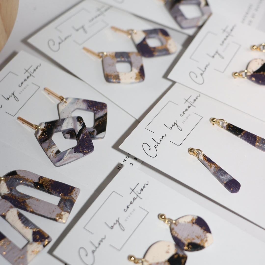 AMETHYST collection of handmade polymer clay earrings with gold leaf by Calm by Creation Studio