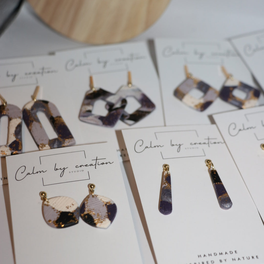 AMETHYST collection of handmade polymer clay earrings with gold leaf by Calm by Creation Studio