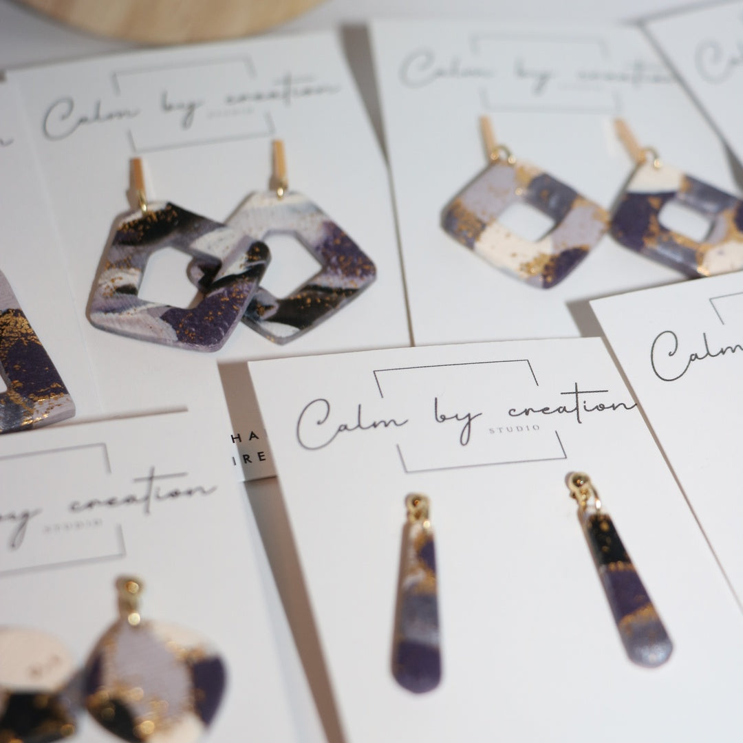 AMETHYST collection of handmade polymer clay earrings with gold leaf by Calm by Creation Studio