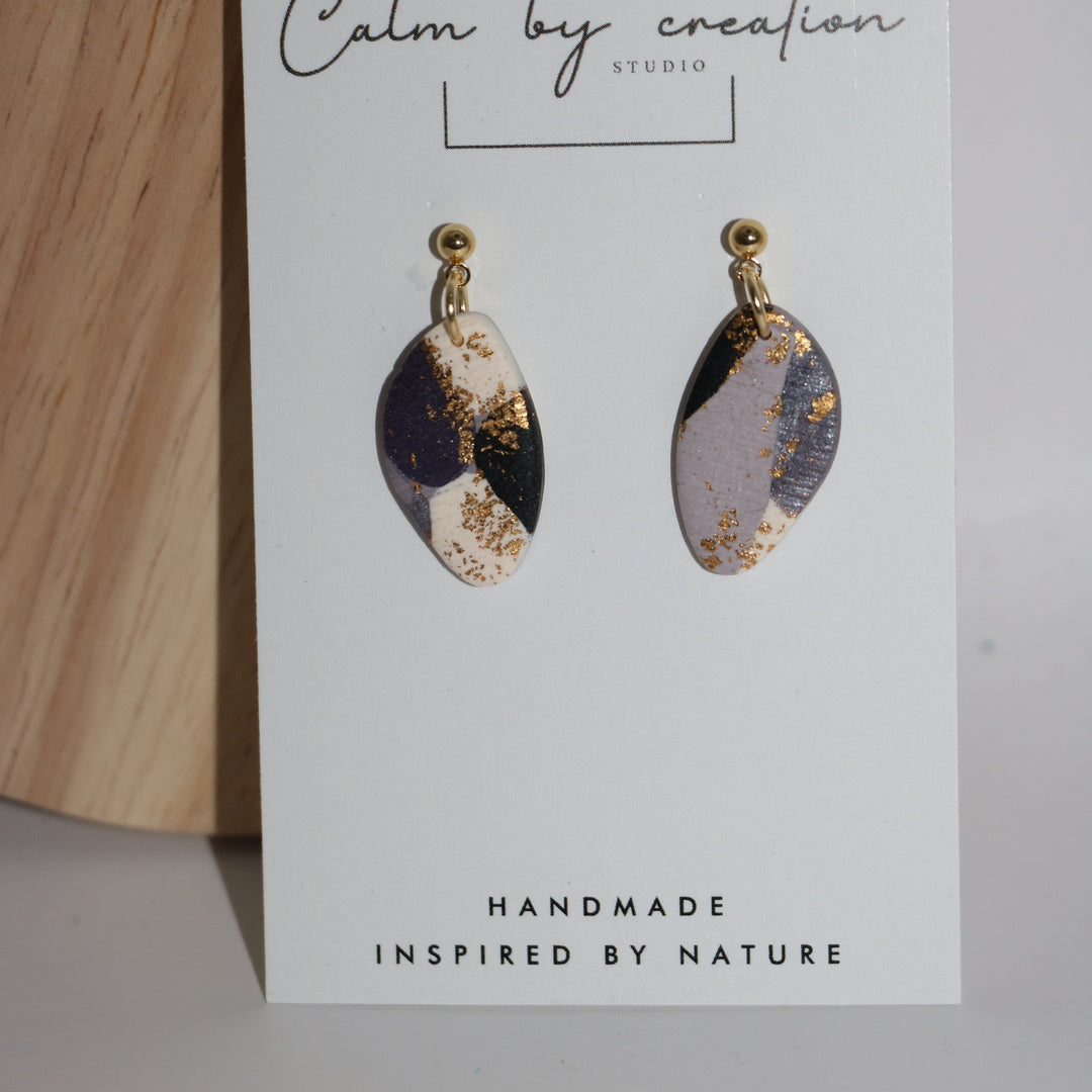 Amethyst plum and cream marquise leaf dangle polymer clay earrings handmade in Australia