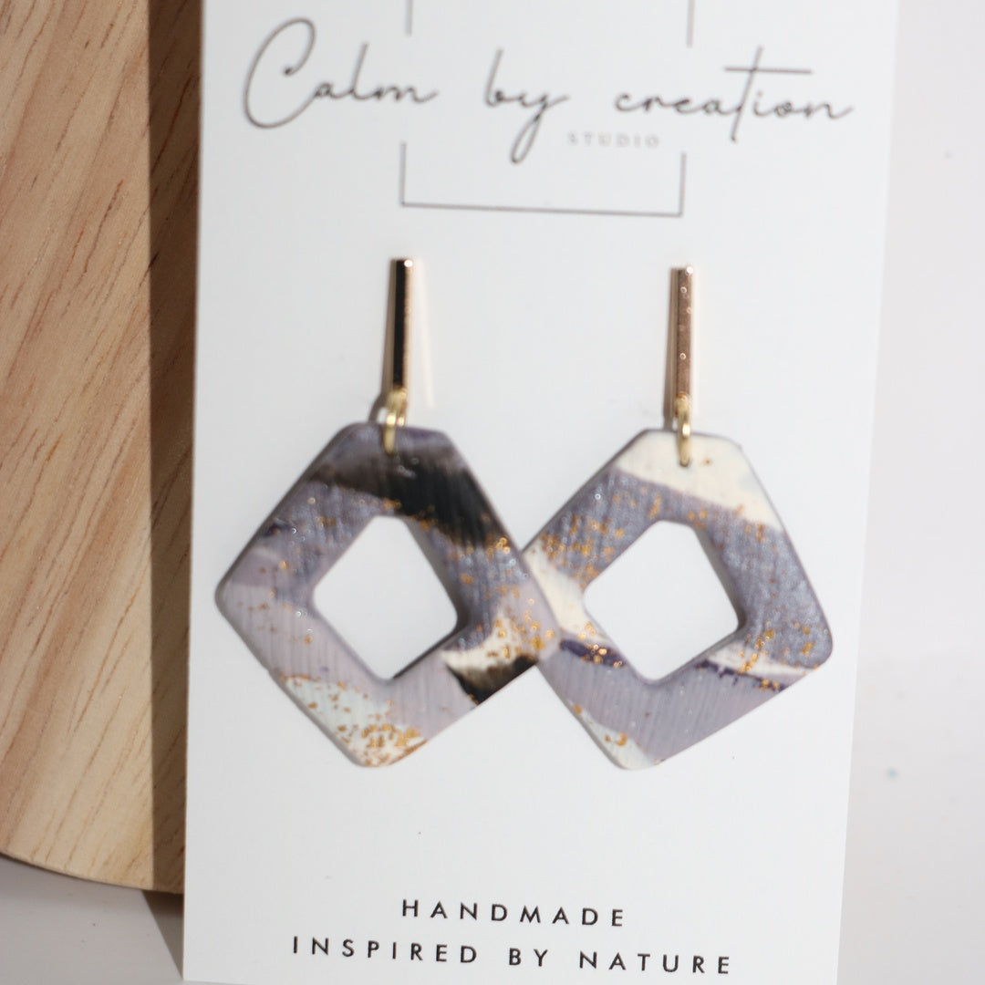 Amethyst grey and lilac open diamond cutout statement drop polymer clay earrings handmade in Australia