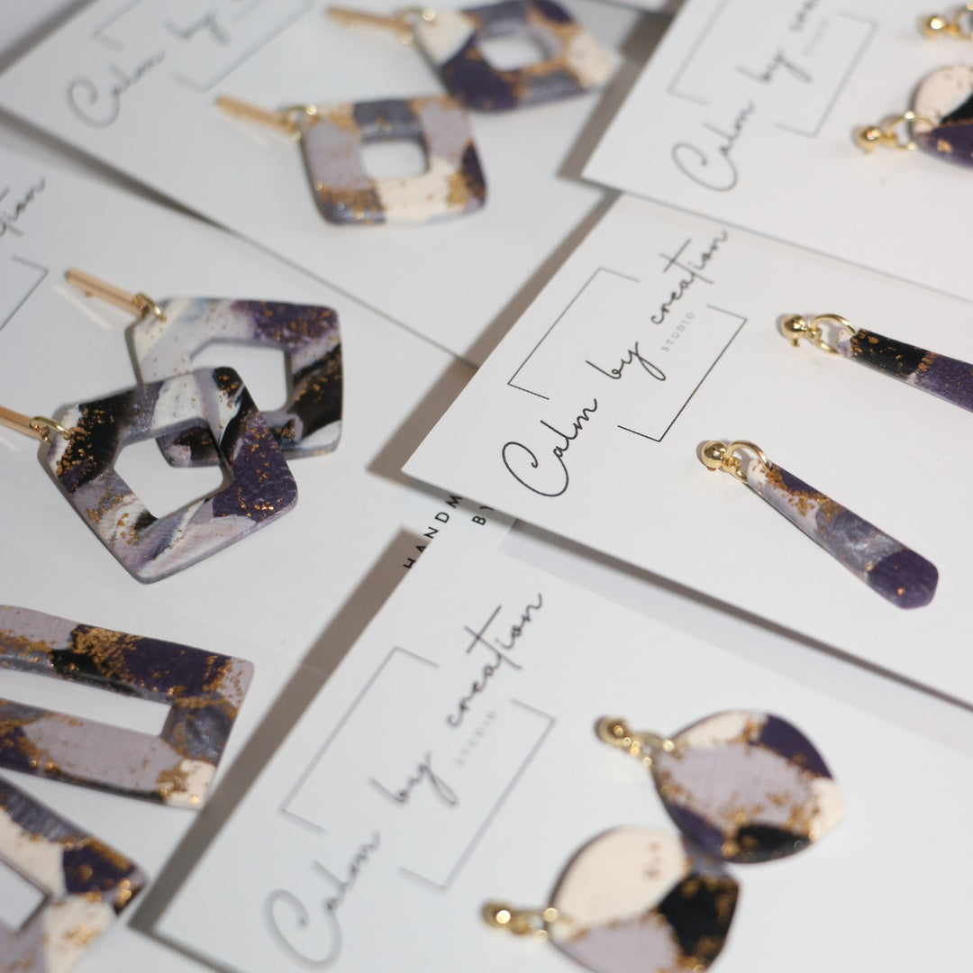 Amethyst lilac and cream open diamond cutout statement drop polymer clay earrings by Calm by Creation Studio