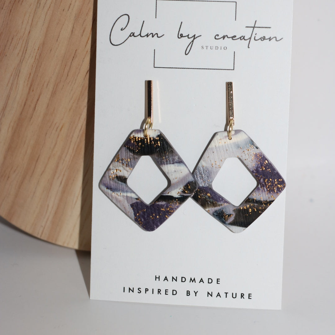 Amethyst plum striped open diamond cutout statement drop polymer clay earrings handmade in Australia