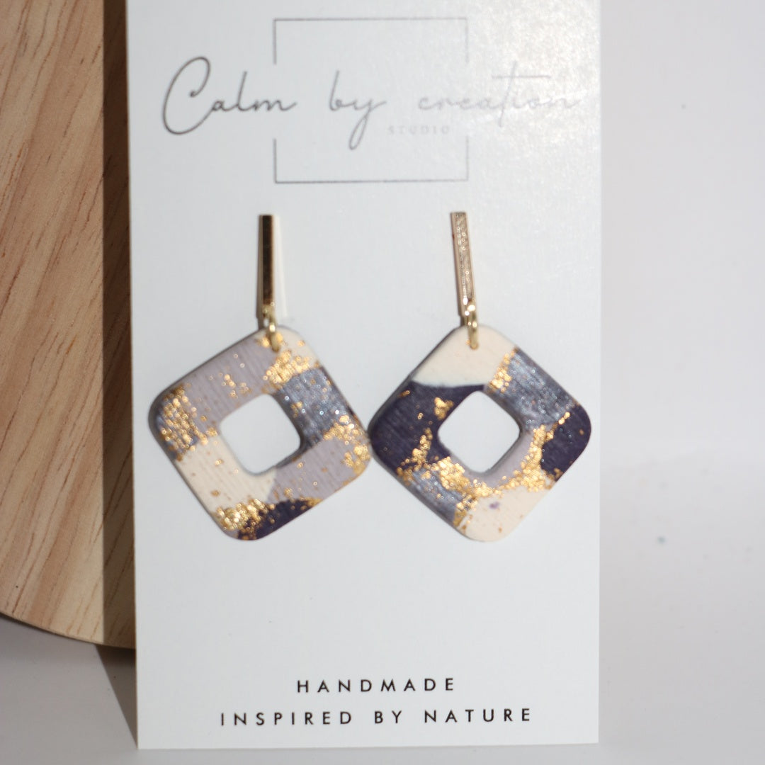 Amethyst lilac and navy open square cutout drop polymer clay earrings handmade in Australia