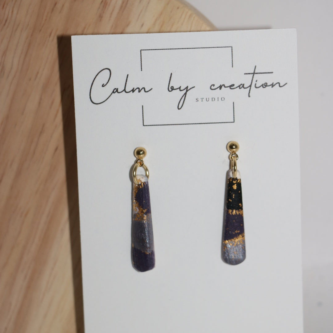 Amethyst plum and silver elongated teardrop drop polymer clay earrings handmade in Australia