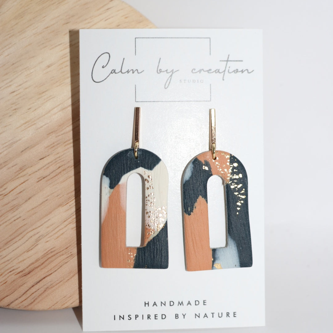 CANYON navy, terracotta and gold-leaf arch drop polymer clay earrings by Calm by Creation Studio