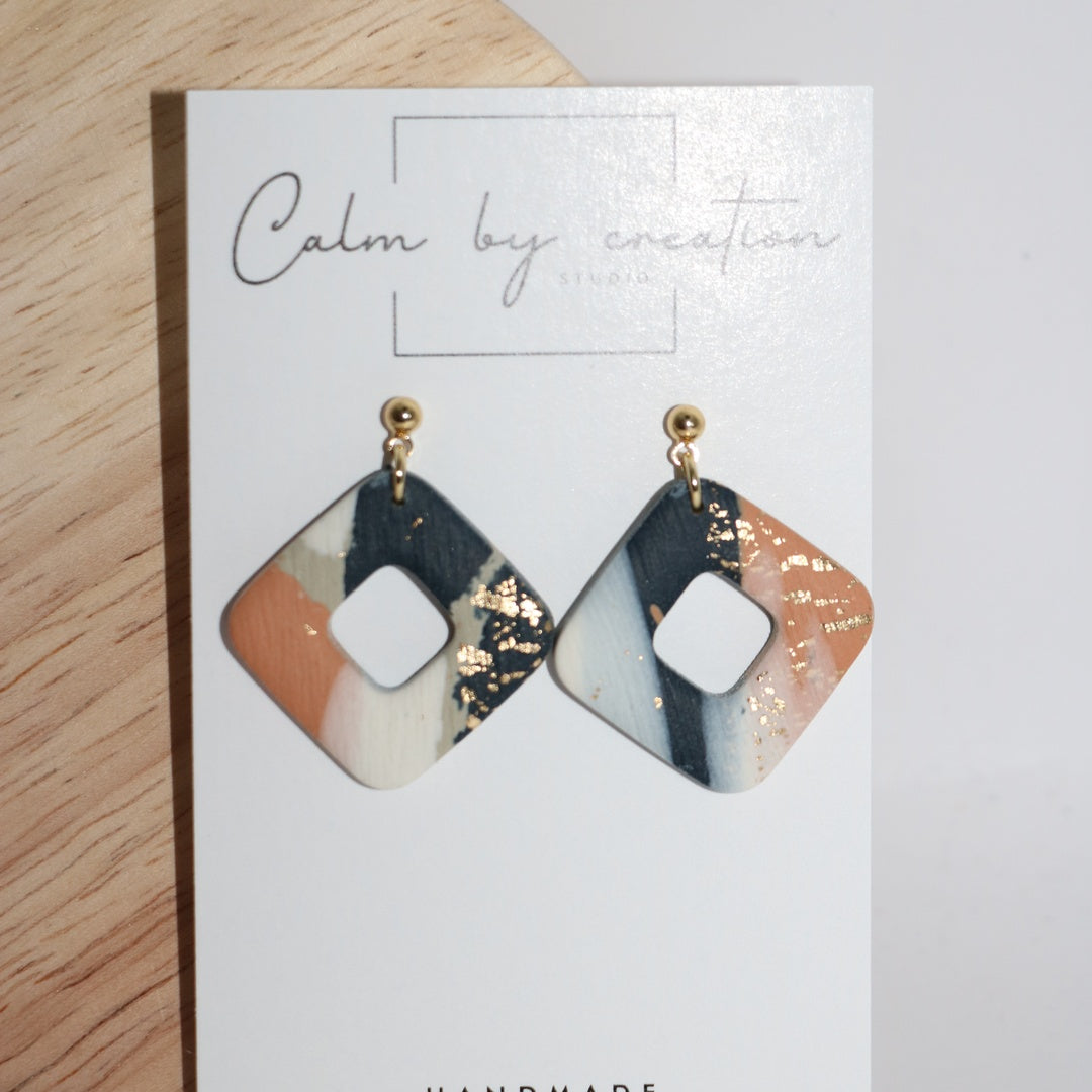 CANYON navy, blue and gold-leaf diamond cutout polymer clay earrings handmade in Australia