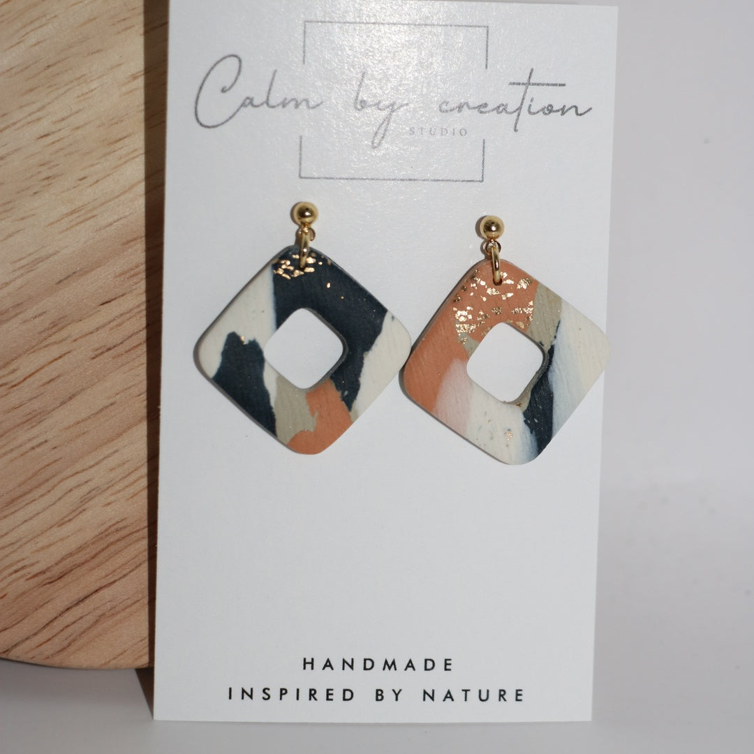 CANYON cream, navy and gold-leaf diamond cutout polymer clay earrings handmade in Australia