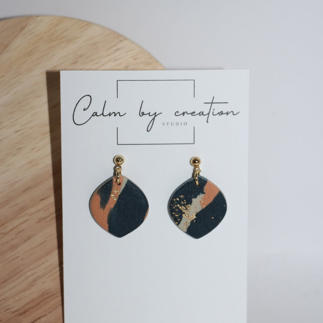 CANYON small navy, terracotta and gold-leaf diamond dangle polymer clay earrings handmade in Australia