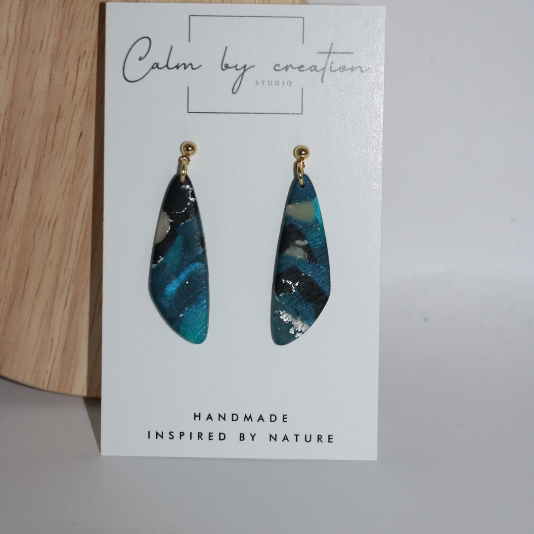 DEEP TIDE petrol teal and silver angular shard dangle polymer clay earrings by Calm by Creation Studio