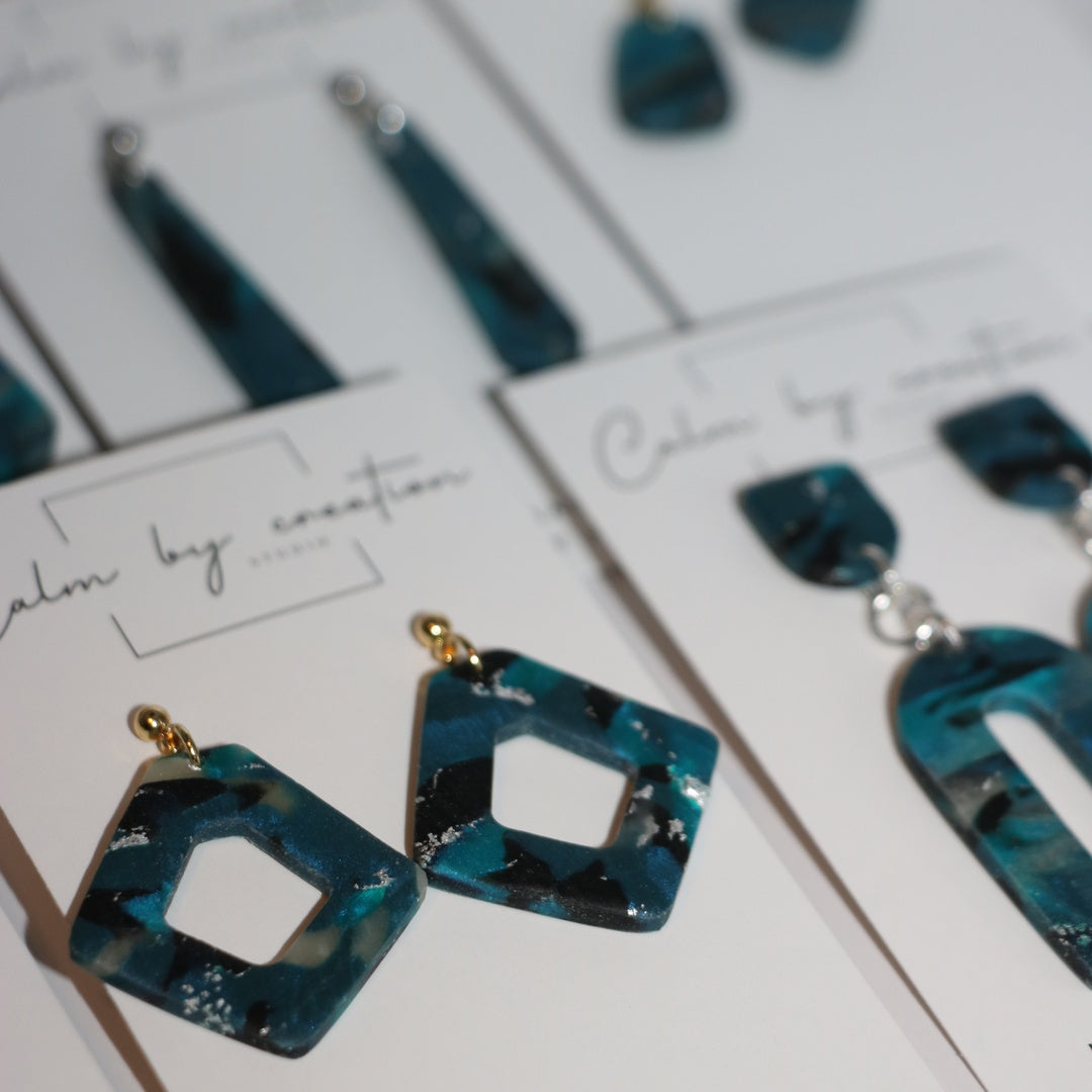 DEEP TIDE collection of handmade polymer clay earrings in petrol teal by Calm by Creation Studio