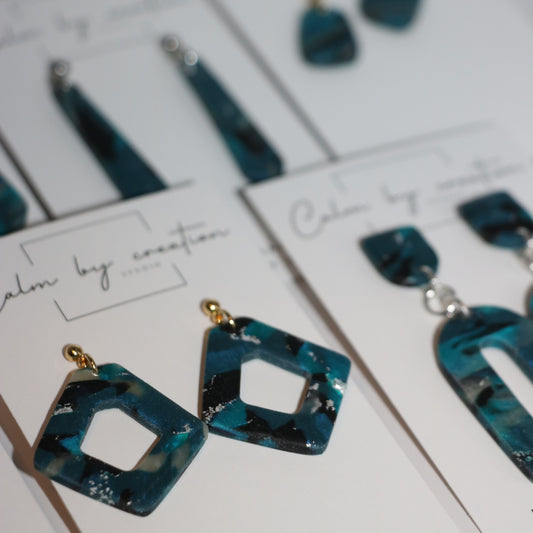 DEEP TIDE collection of handmade polymer clay earrings in petrol teal by Calm by Creation Studio