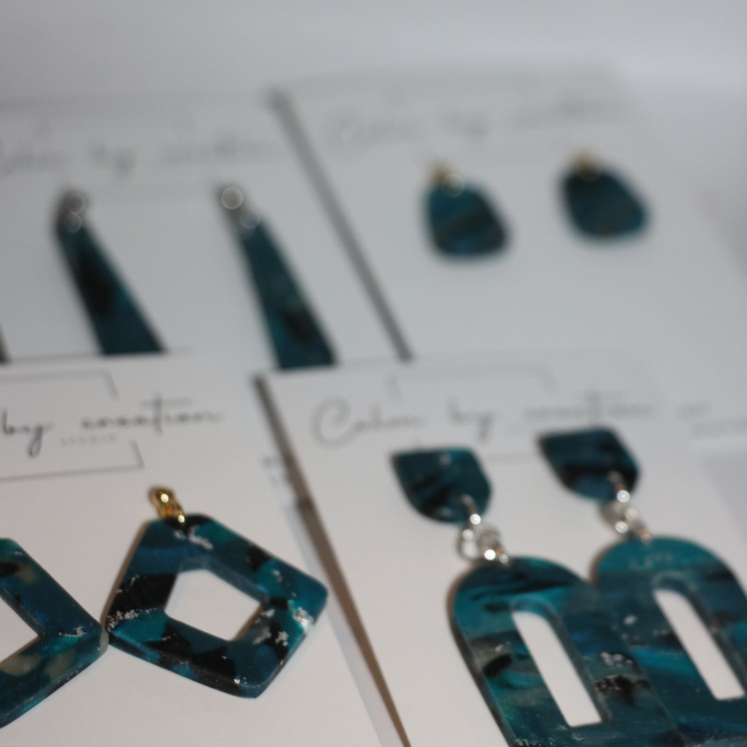 DEEP TIDE handmade polymer clay earring collection in teal, black and silver glitter, Australia