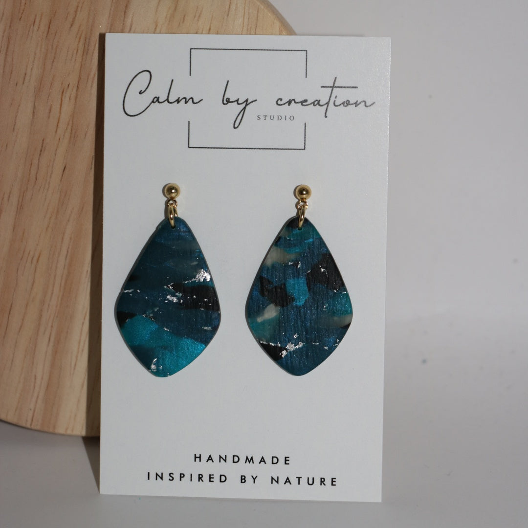 DEEP TIDE large teal kite drop polymer clay earrings by Calm by Creation Studio