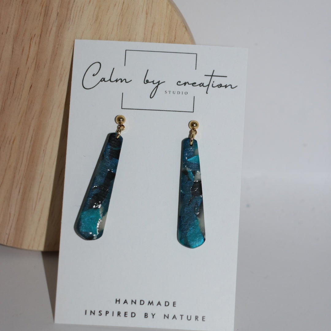 DEEP TIDE long tapered bar teal dangle polymer clay earrings with gold posts, handmade Australia