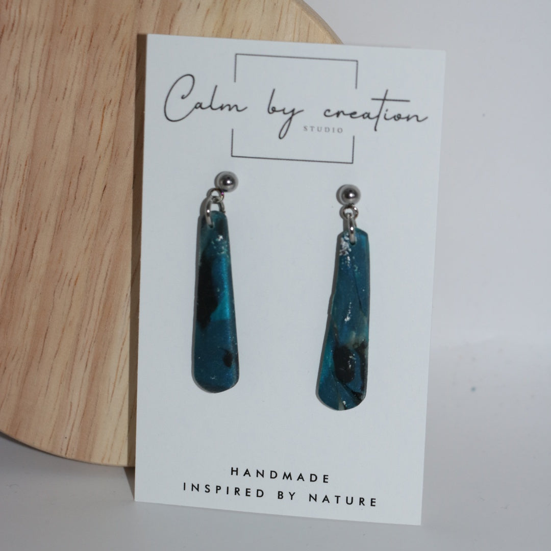 DEEP TIDE long teardrop bar teal dangle polymer clay earrings with silver posts, handmade Australia