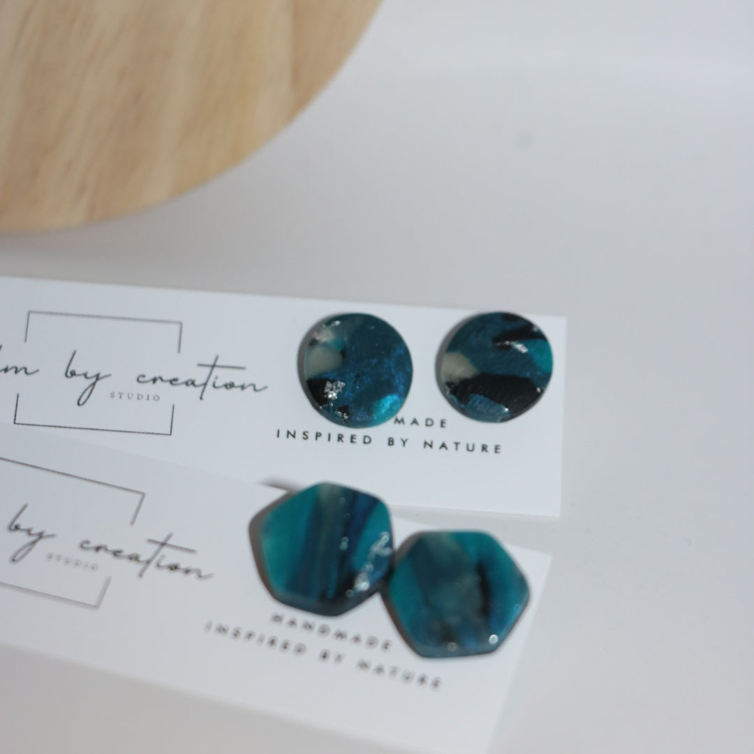 DEEP TIDE maxi teal and silver glitter polymer clay stud earrings by Calm by Creation Studio