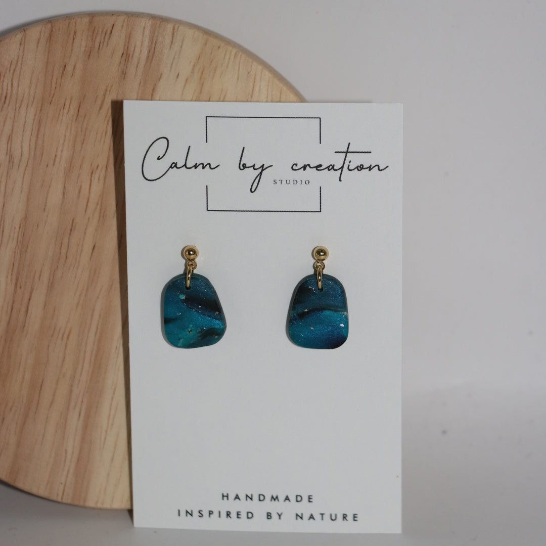 DEEP TIDE mini teal pebble drop polymer clay earrings with gold stud, handmade in Australia
