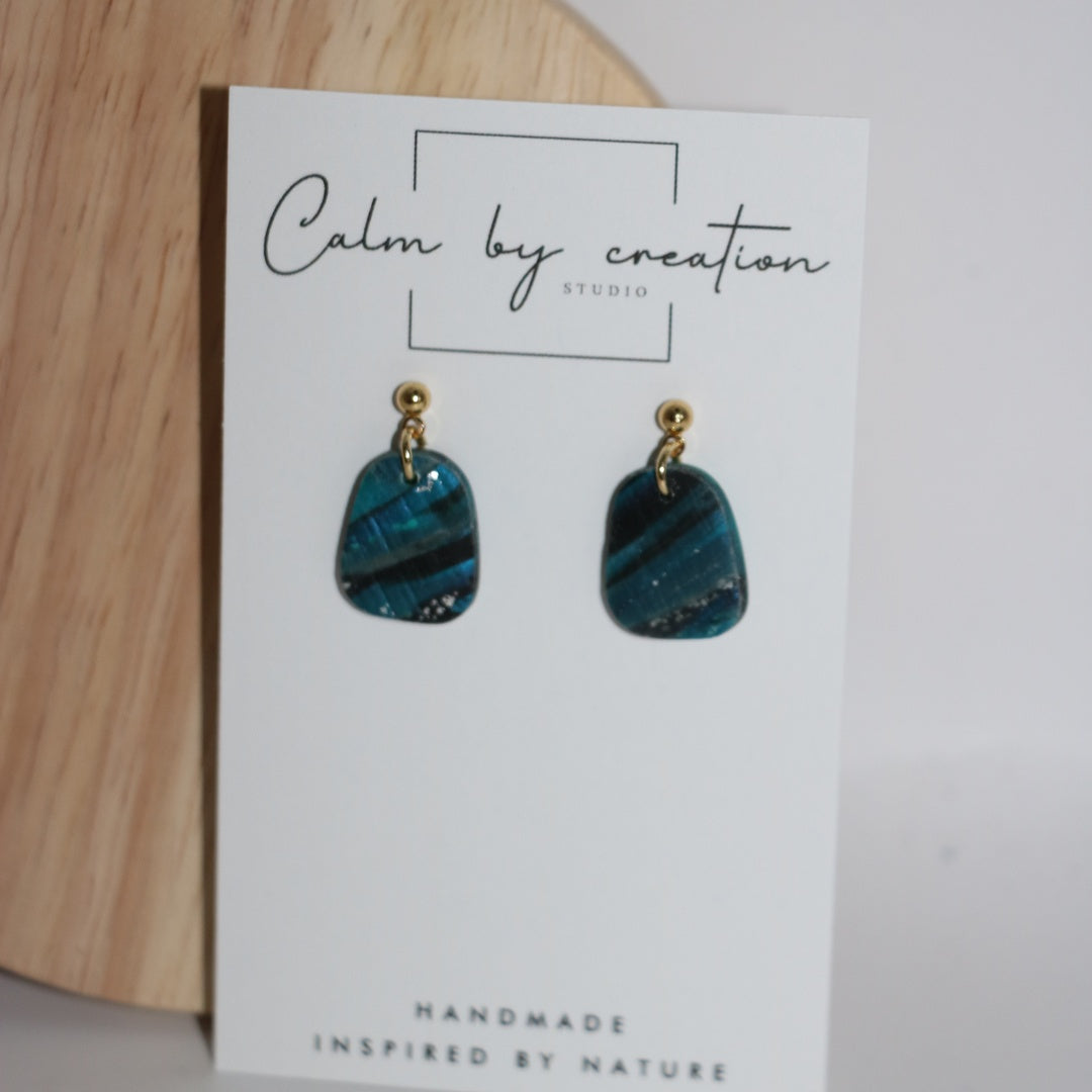 DEEP TIDE mini teal pebble drop polymer clay earrings with gold posts, handmade in Australia