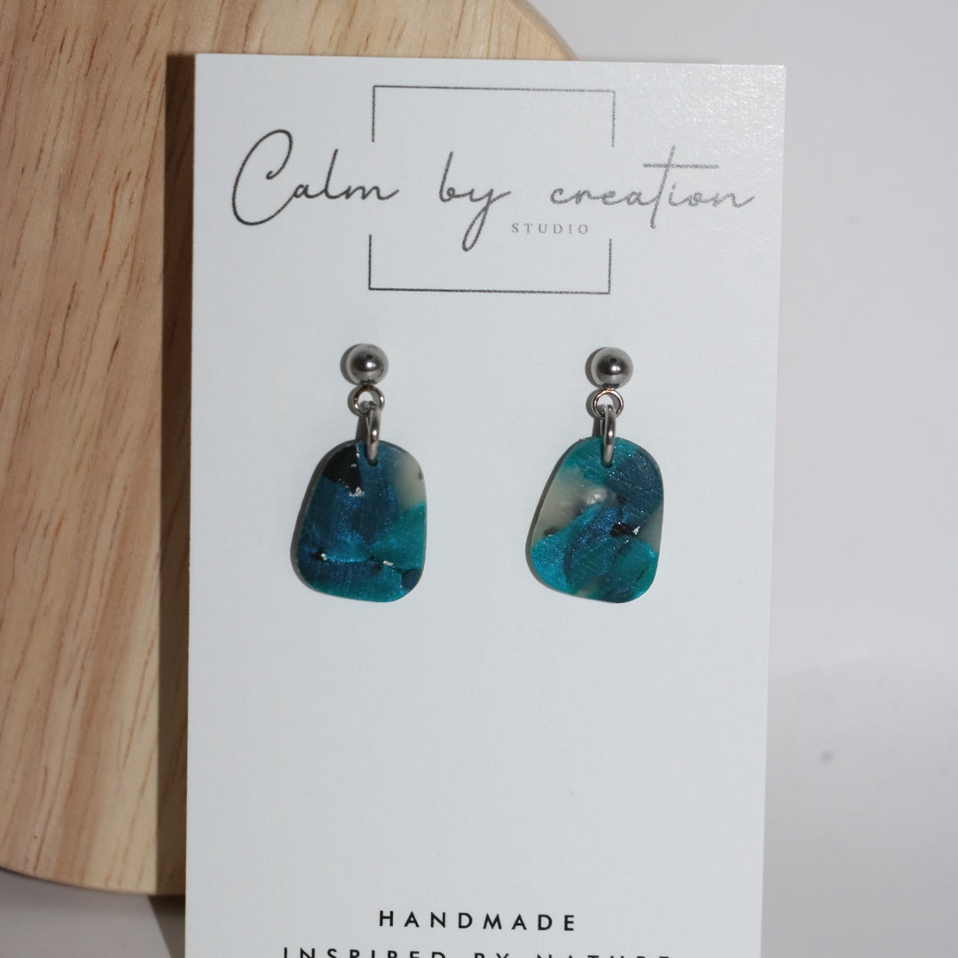 DEEP TIDE mini teal pebble drop polymer clay earrings with silver posts, handmade in Australia