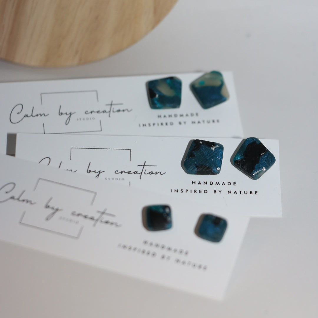 DEEP TIDE mini teal and silver glitter polymer clay stud earrings by Calm by Creation Studio