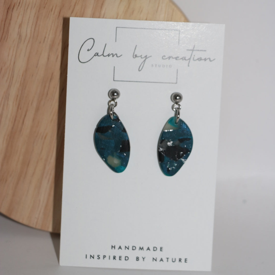 DEEP TIDE teal petal drop polymer clay earrings by Calm by Creation Studio