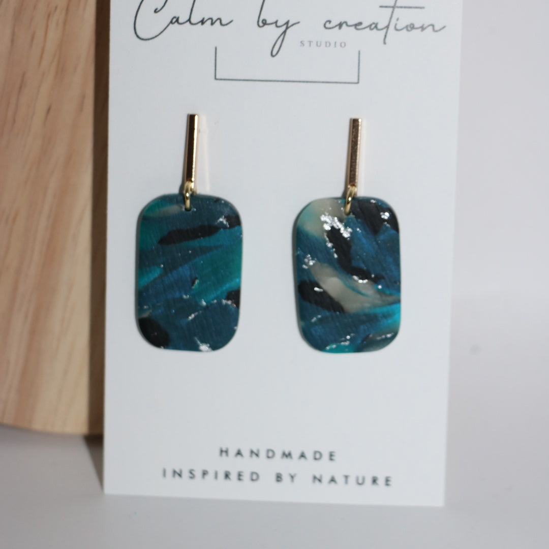 DEEP TIDE teal rounded rectangle drop polymer clay earrings with gold posts, handmade Australia