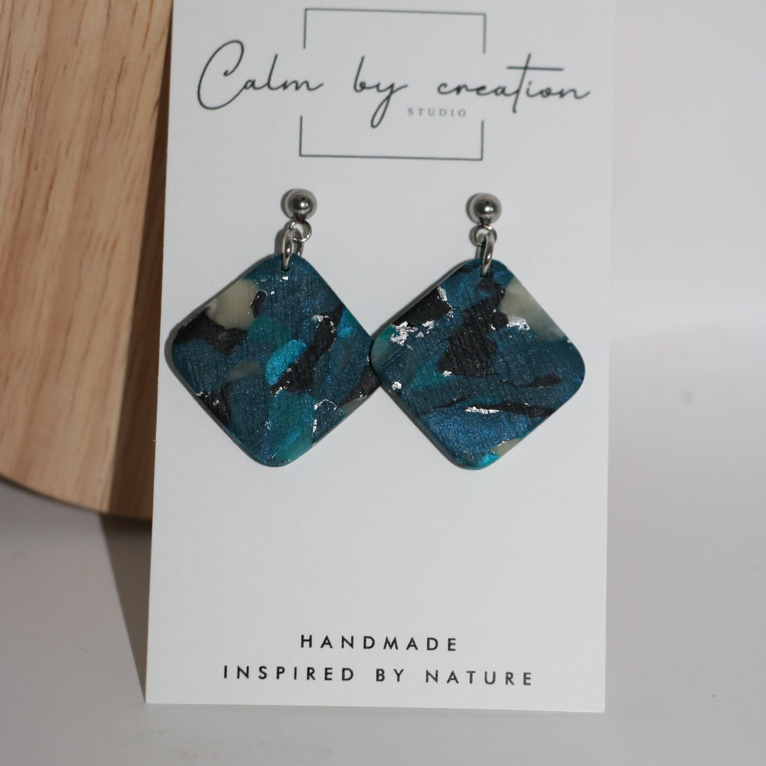 DEEP TIDE teal rounded square drop polymer clay earrings with silver posts, handmade Australia