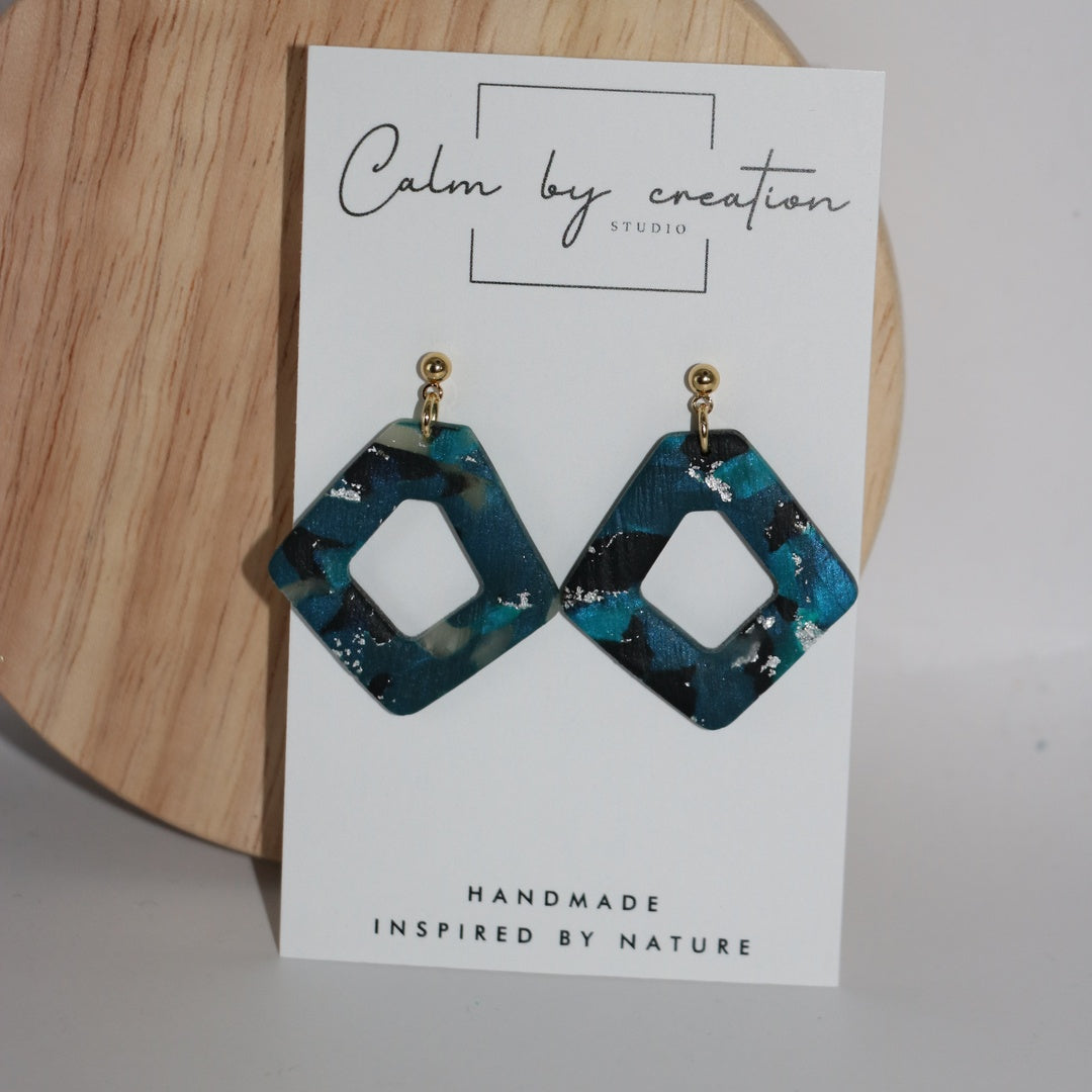 DEEP TIDE teal open square diamond drop polymer clay earrings with gold ball posts, Australia