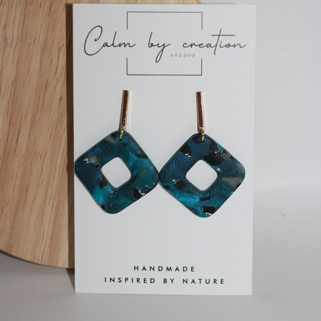 DEEP TIDE teal open square diamond drop polymer clay earrings with gold posts, handmade Australia