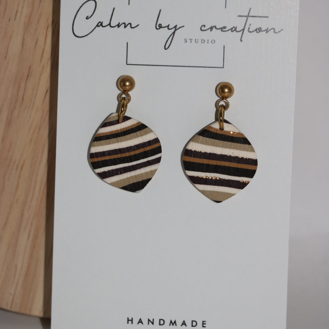 Driftwood striped angled leaf drops polymer clay earrings by Calm by Creation Studio