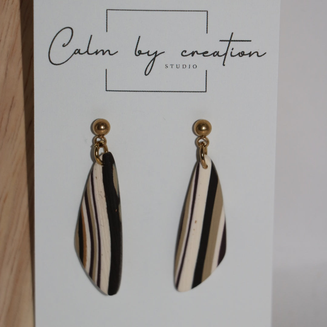 Driftwood striped asymmetric blade drops polymer clay earrings by Calm by Creation Studio