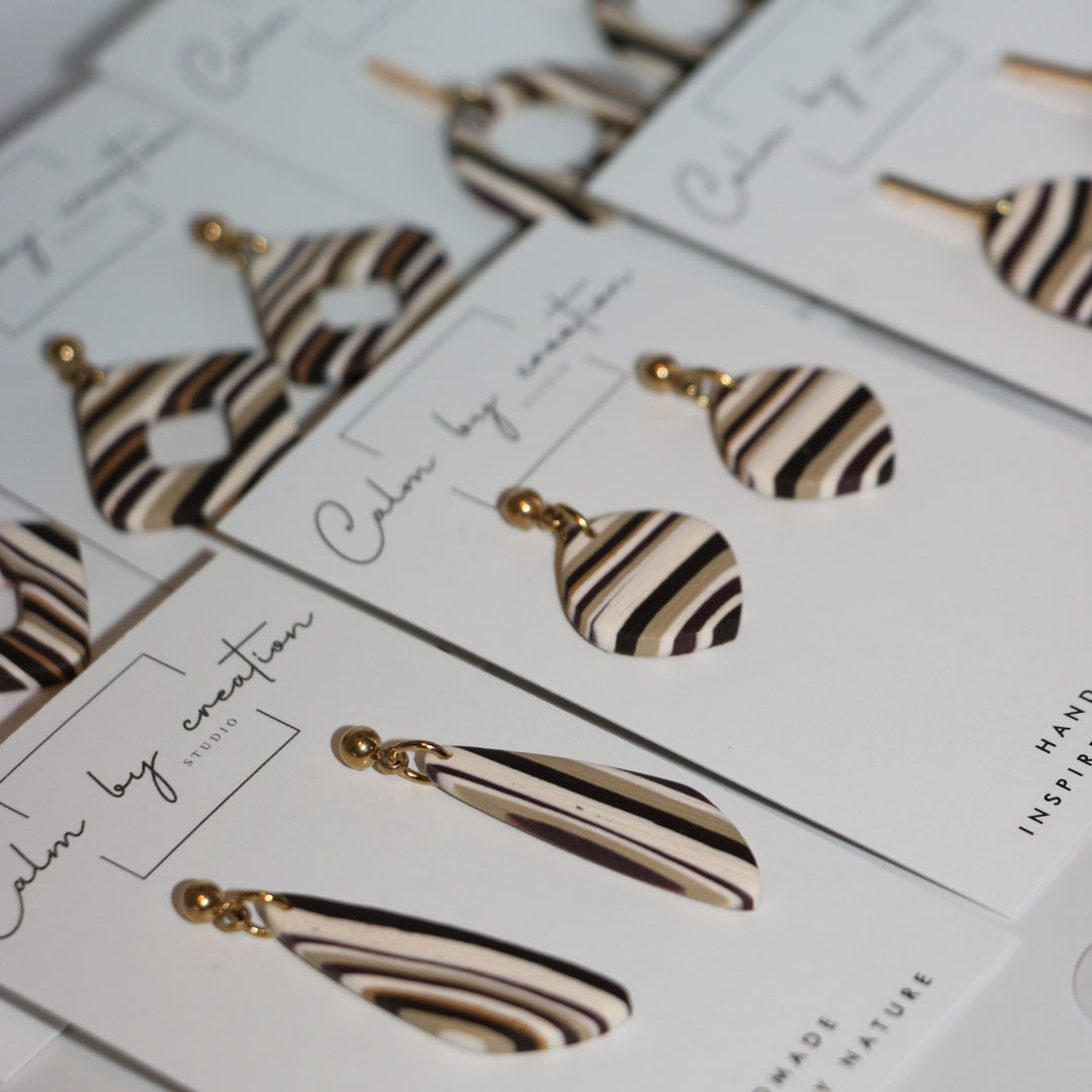 Driftwood striped collection handmade polymer clay earrings by Calm by Creation Studio