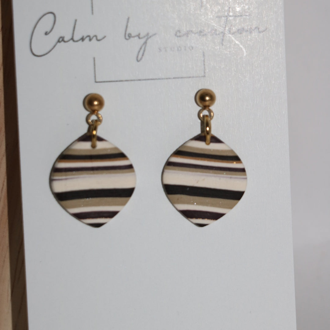 Driftwood striped diamond leaf drops polymer clay earrings by Calm by Creation Studio