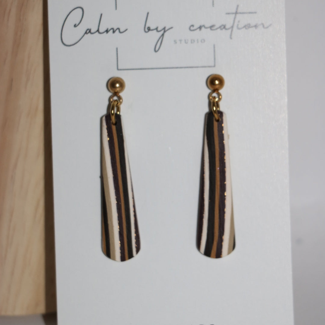 Driftwood striped long tapered drops polymer clay earrings by Calm by Creation Studio