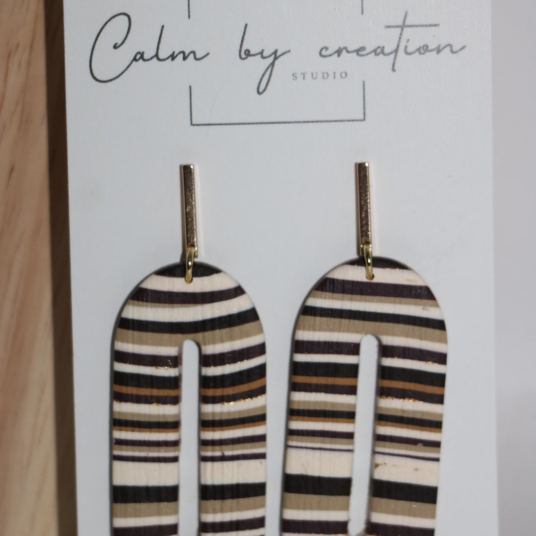Driftwood striped open arch drops polymer clay earrings by Calm by Creation Studio