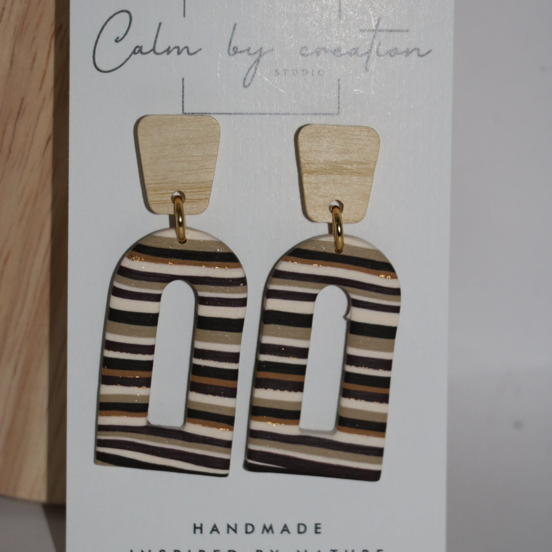 Driftwood striped open arch drops with wood stud polymer clay earrings by Calm by Creation Studio
