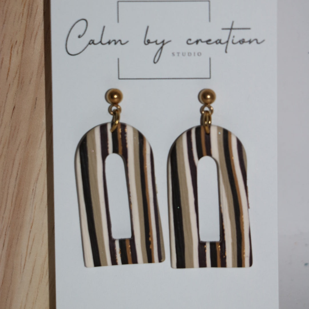 Driftwood striped open arch statement polymer clay earrings by Calm by Creation Studio