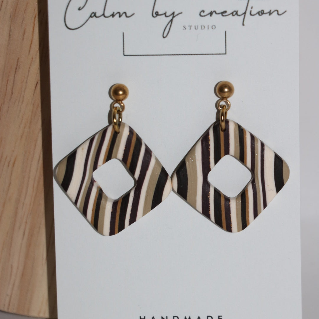 Driftwood striped open diamond drops 1 polymer clay earrings by Calm by Creation Studio