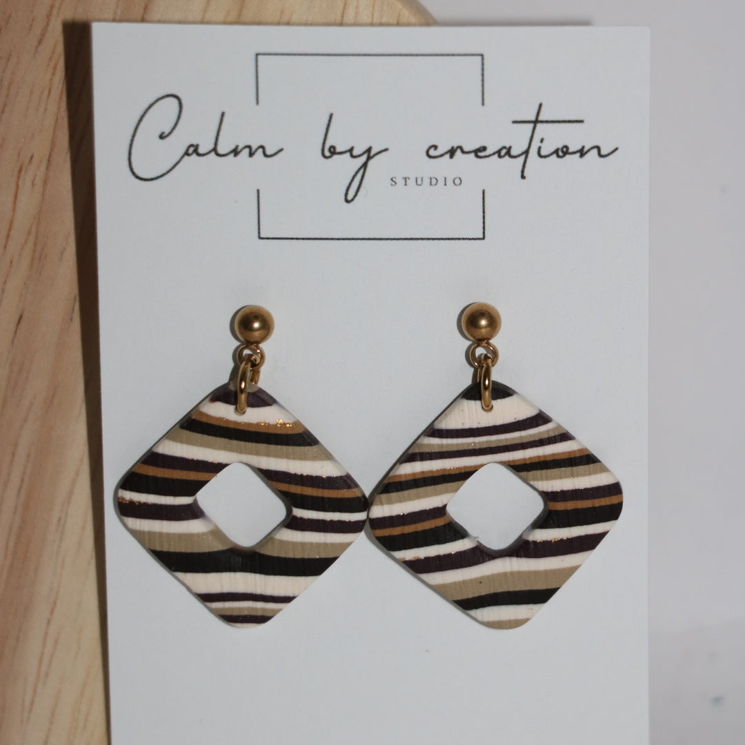 Driftwood striped open diamond drops 2 polymer clay earrings by Calm by Creation Studio