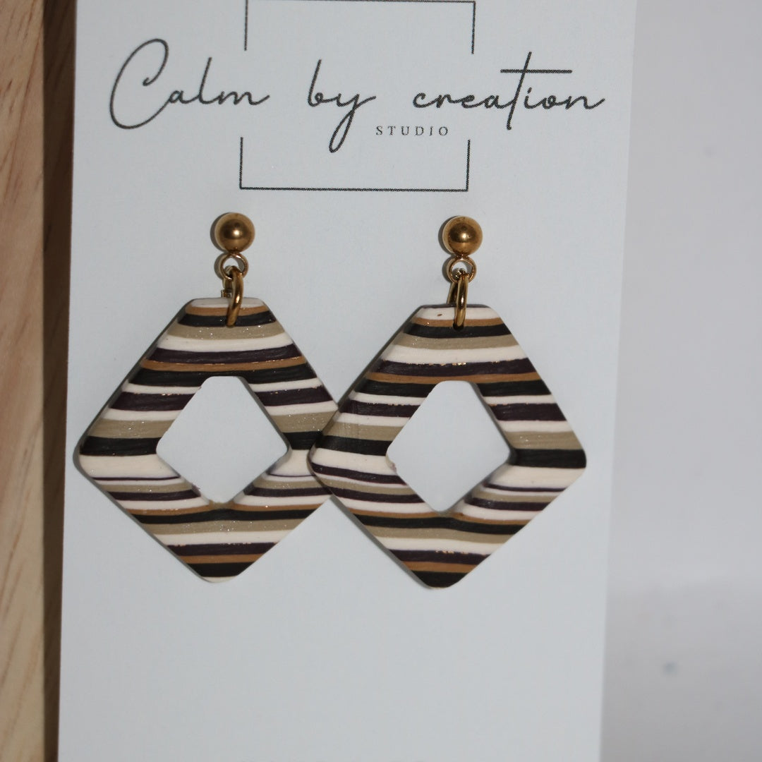 Driftwood striped open diamond statement polymer clay earrings by Calm by Creation Studio